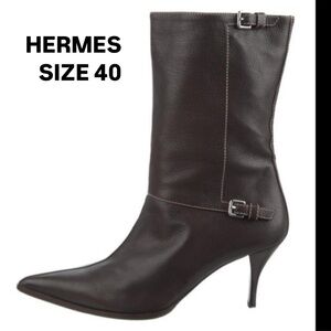 Hermes size 40 leather moto kitten heel boots
